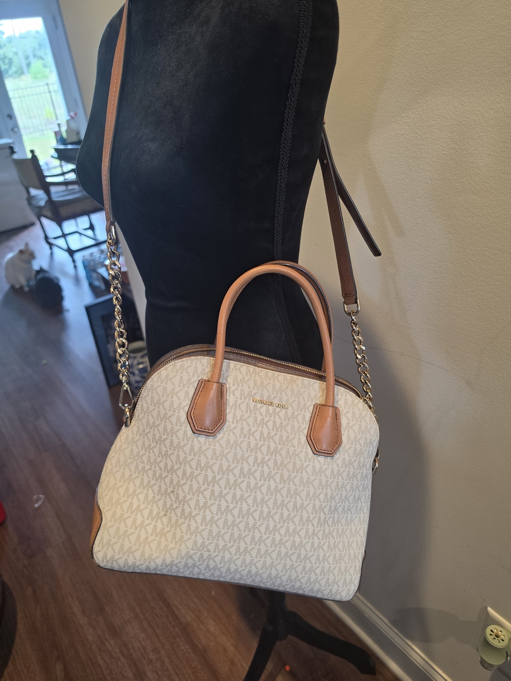 Michael Kors Beige Logo Satchel with Tan Trim